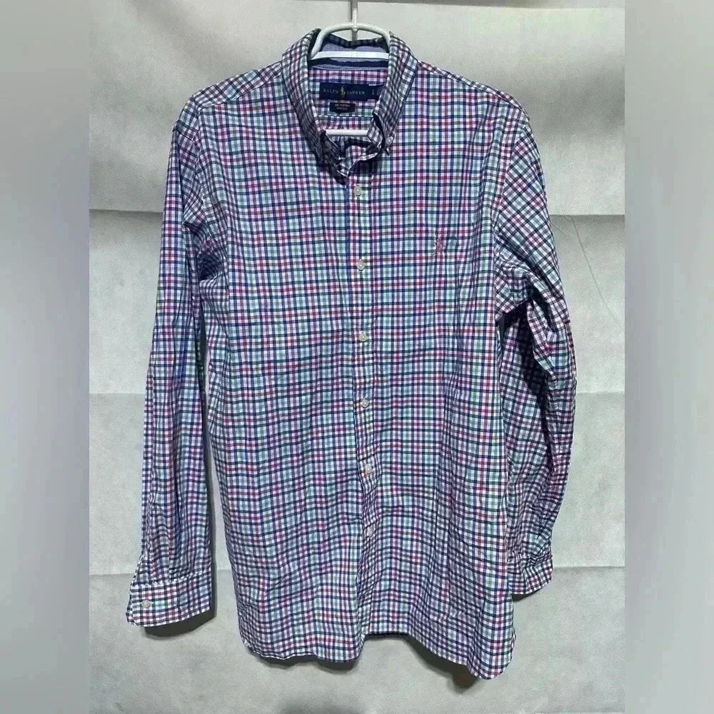 Ralph Lauren Mens Shirt Large Blue Pink Plaid Long Sleeve Button Down Flesh Pony
